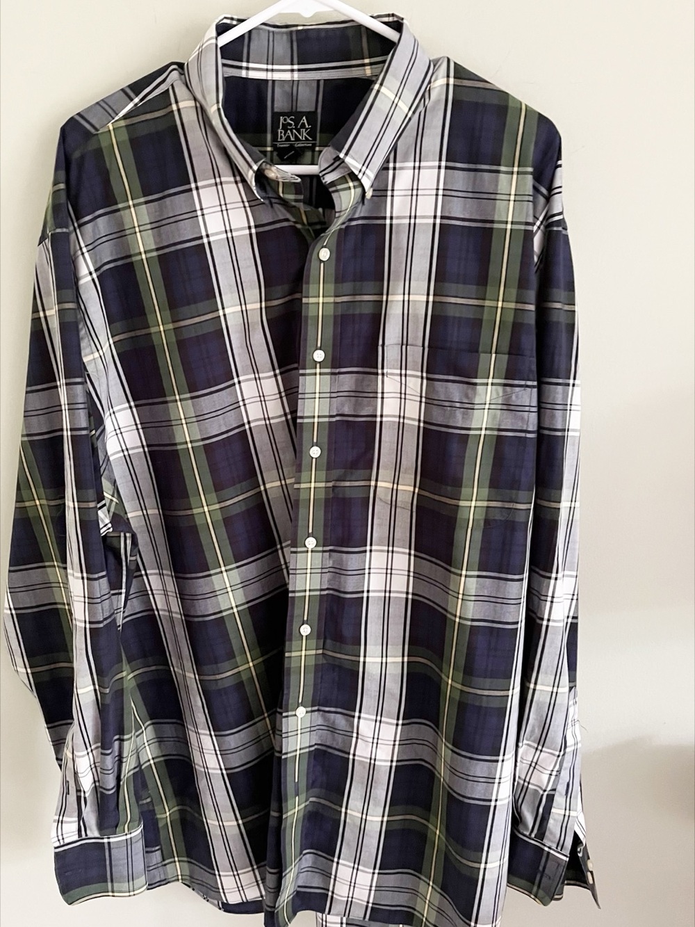 Jos. A Bank blue and green scotch plaid long sleeve button-down shirt